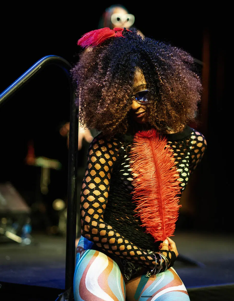 Performer in fishnet and feathers seated on stage